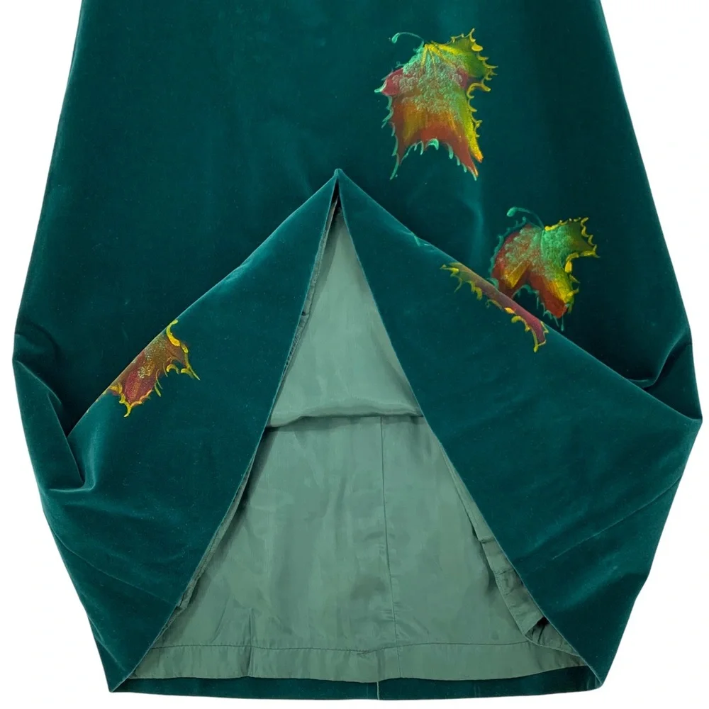 Vintage Italian Made Heavy Weight Green Velvet Skirt Custom Hand Painted Leaves